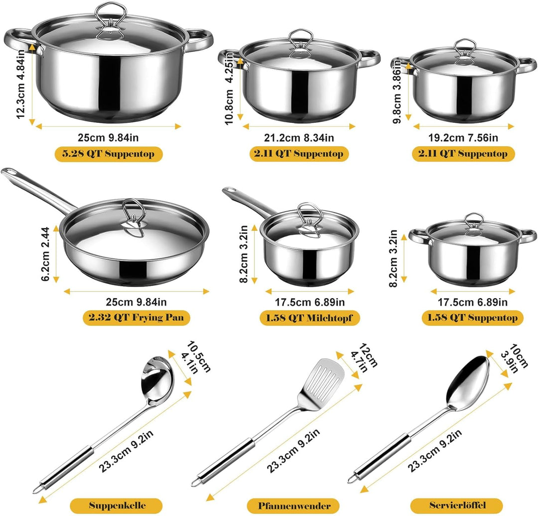 Hunnycook Topfset Induktion - 15-teilig, Starkbodig Edelstahl Töpfe Set, Inklusive Kochtöpfe, Bratpf
