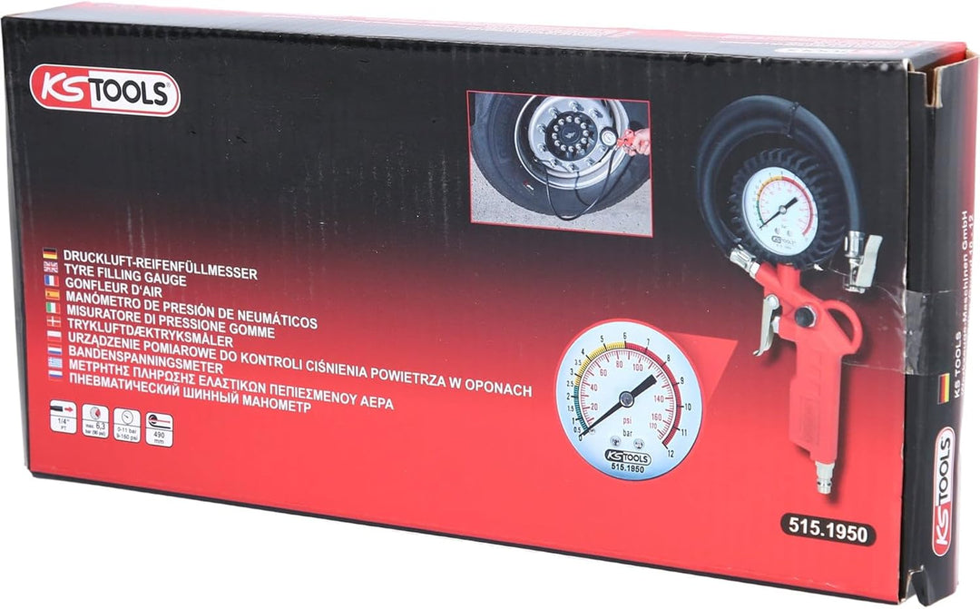 KS Tools Reifendruckprüfer 515.1950 0-11 Bar I Druckluft-Reifendruckfüller für Einhandbedienung I Mi