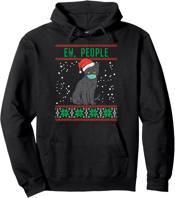 Ew People Black Cat Face Mask Ugly Christmas Quarantine Gift Pullover Hoodie