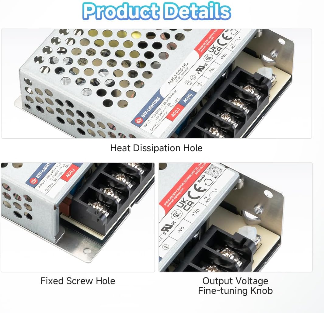BTF-LIGHTING 50W 5V Netzteil CE Zertifiziert Aluminium LED-Treiber AC 100-240V zu DC 5V Transformato