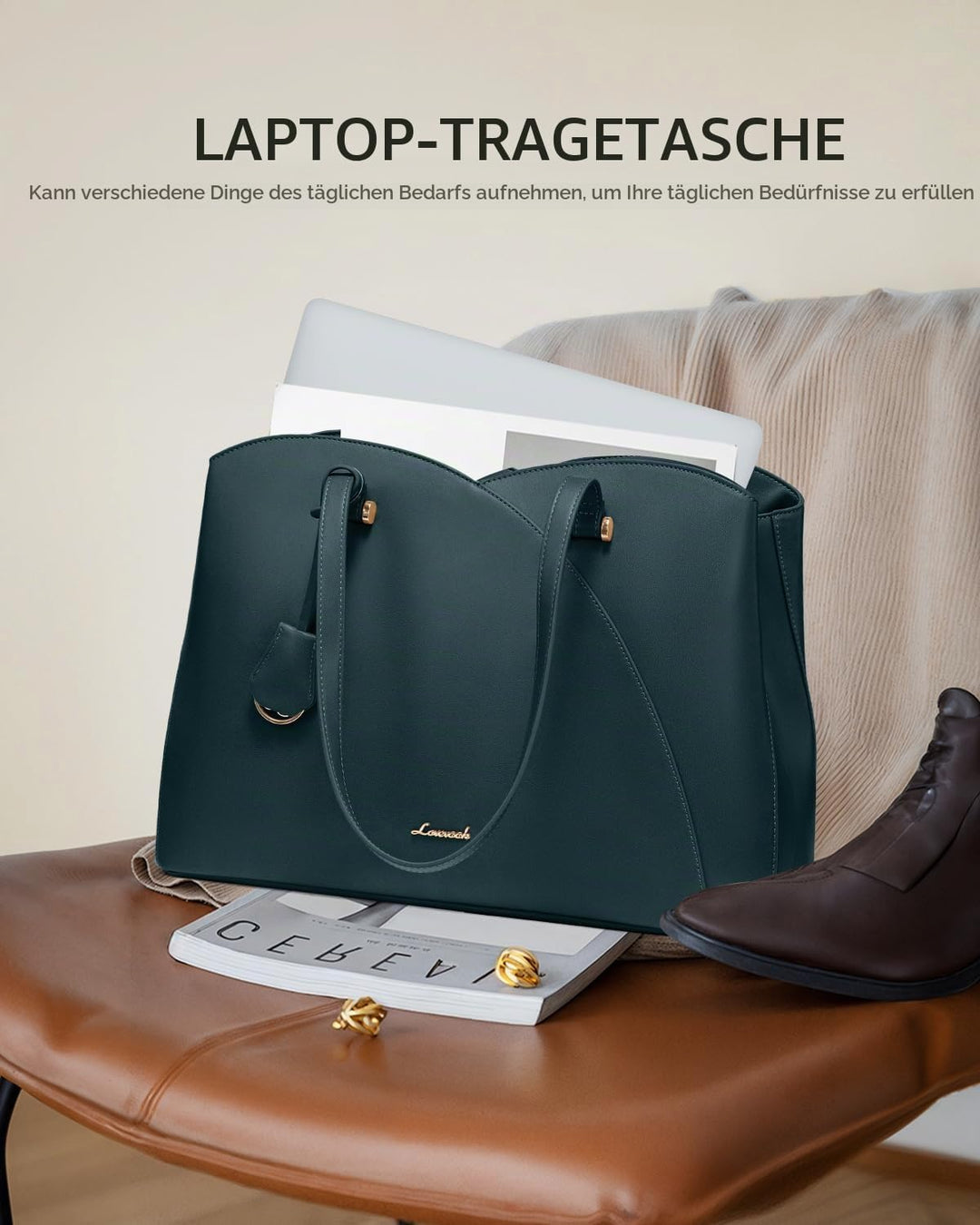 LOVEVOOK Shopper Damen Gross, 15,6 Zoll Laptoptasche Handtasche Arbeitstasche Bürotasche, PU Leder H