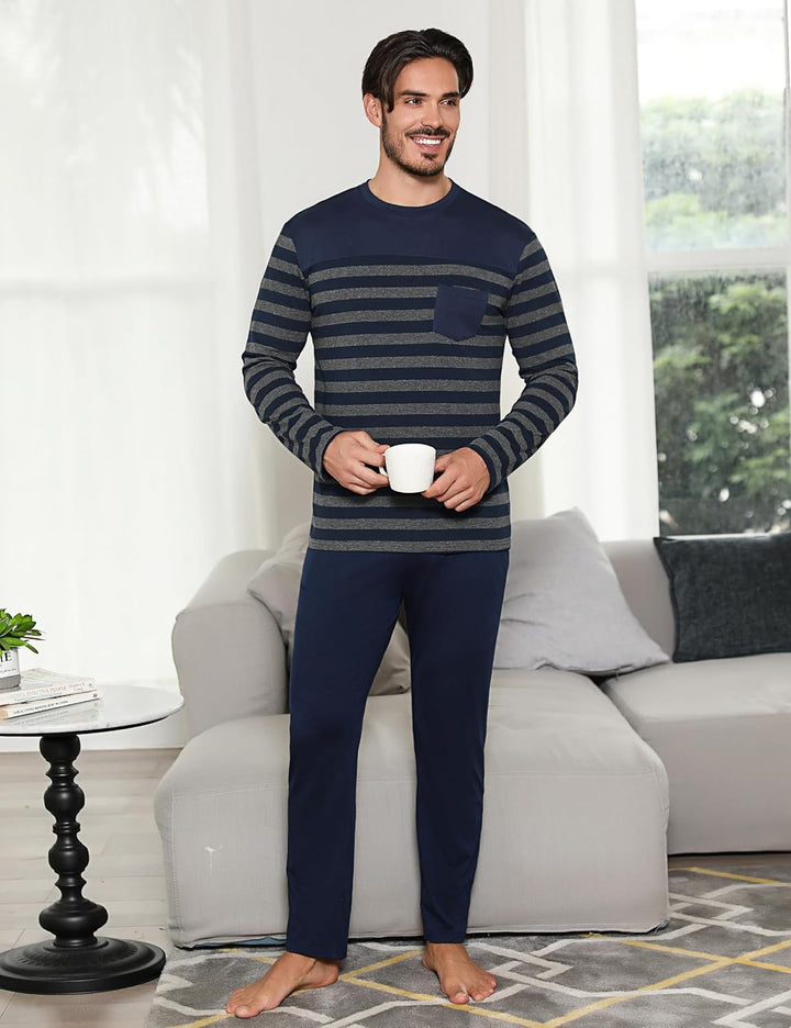Irdcomps Schlafanzug Herren Pyjama Lang Winter Baumwolle Nachtwäsche Männer Set Langarm Gestreift L
