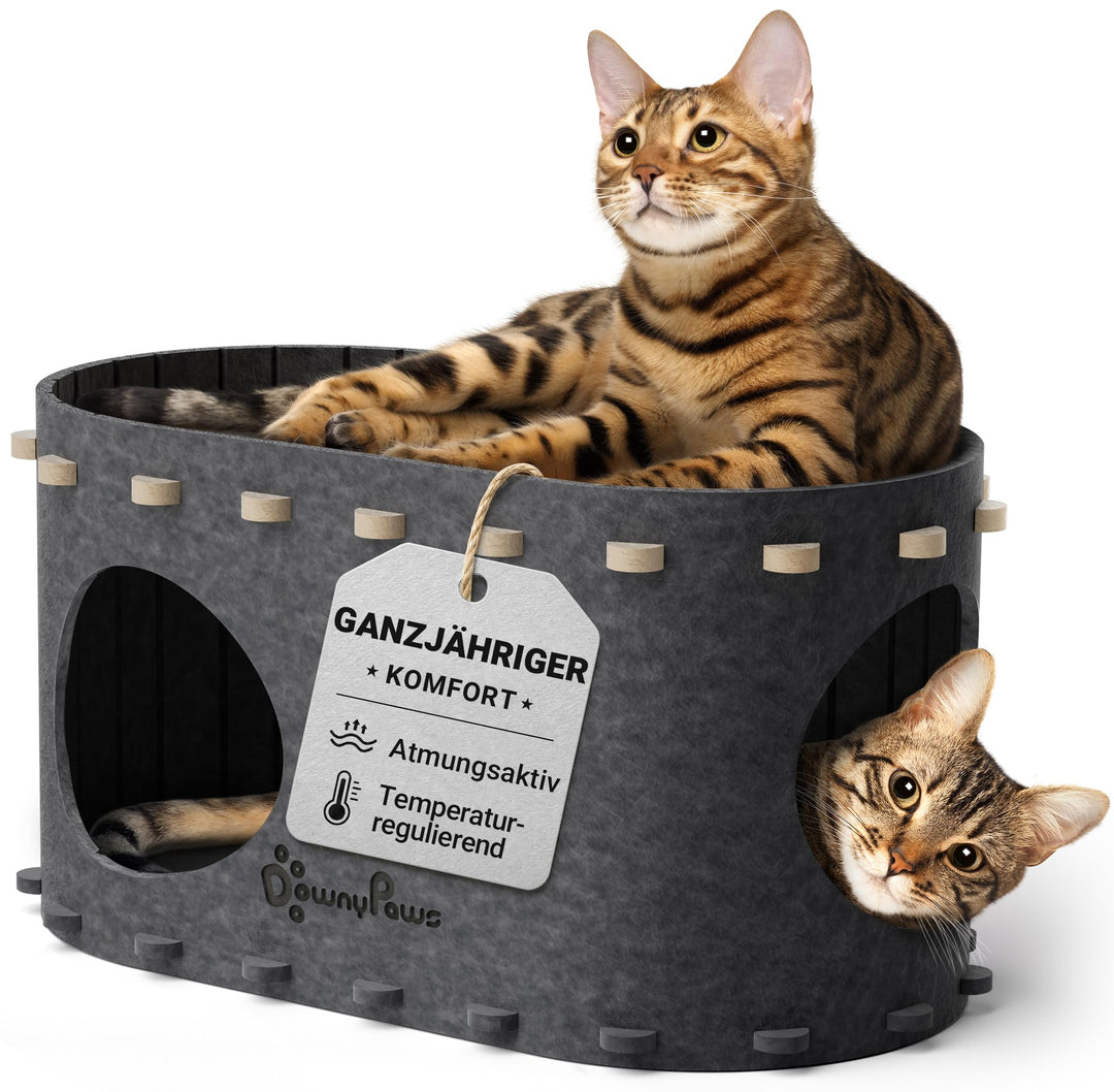DownyPaws Katzenhöhle Filz, Katzenhaus aus Filz, Katzenbett, Katzenhöhle für Katzen, 58 x 33 x 30cm,