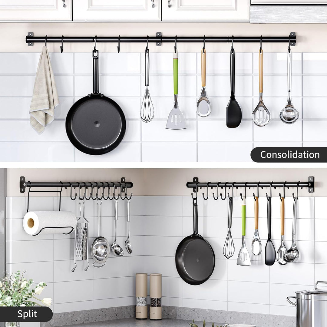 KINGRACK Küchenhalter, Hängeleiste mit 10 beweglichen S Haken, 110CM x 1, Schwarz, Stahl, Modern, 22