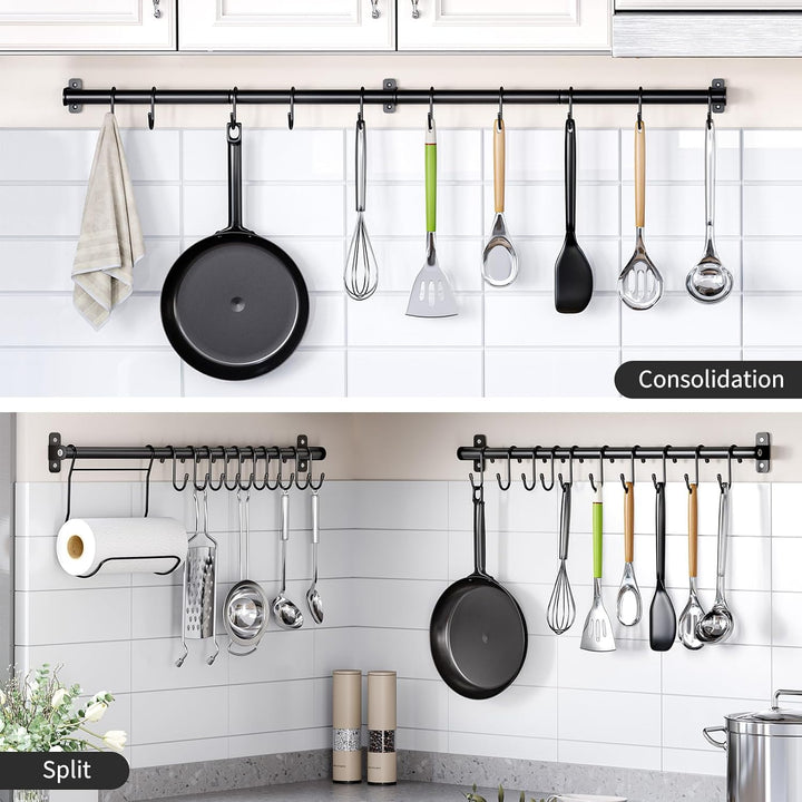 KINGRACK Küchenhalter, Hängeleiste mit 10 beweglichen S Haken, 110CM x 1, Schwarz, Stahl, Modern, 22