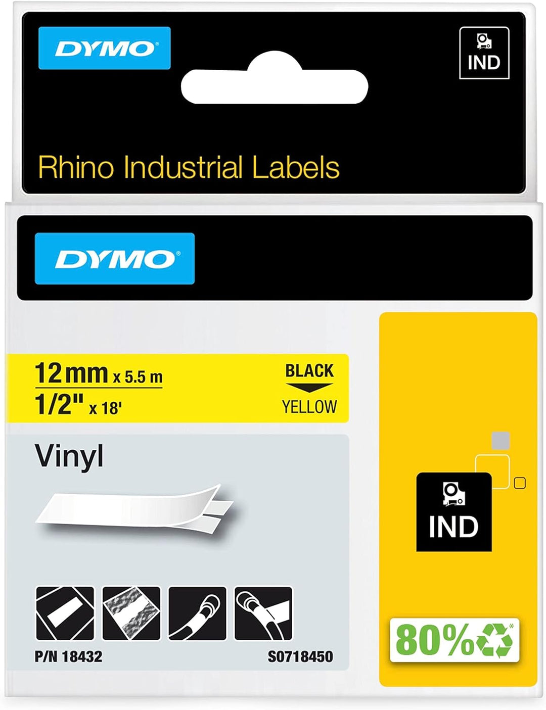 DYMO Rhino-Industrie-Vinyletiketten | 12 mm x 5,5 m | schwarz auf gelb | selbstklebend | für DYMO Rh