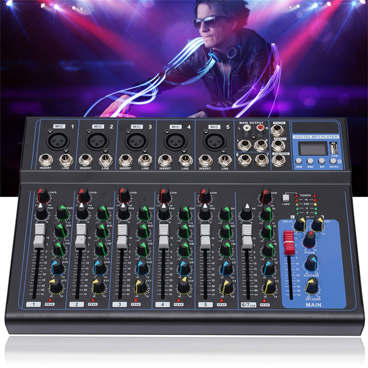 7 Kanal Bluetooth Mixer Sound Mixing Konsole Audio Bühnen Musik Live Studio Audio Mischpult USB Blue