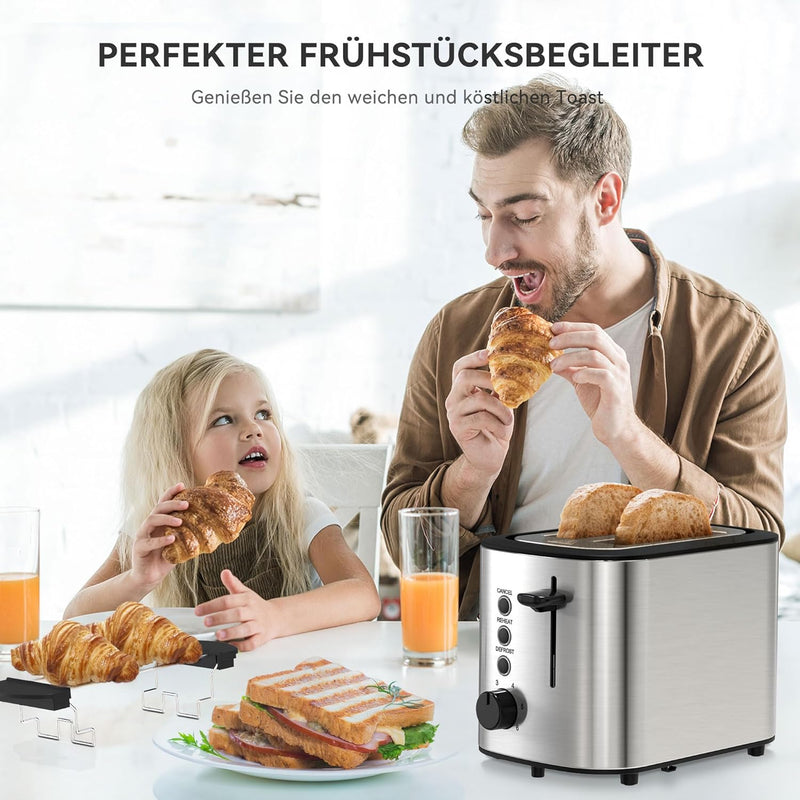 KitchenBoss Toaster 2 Scheiben：Toaster mit Brötchenaufsatz und Krümelschublade, 6 Bräunungsstufen, T