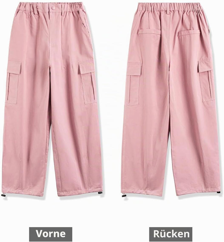 Rolanko Mädchen Cargohose, Baumwoll Baggy Hose mit Elastischer Taille und Mehreren Taschen für Kinde