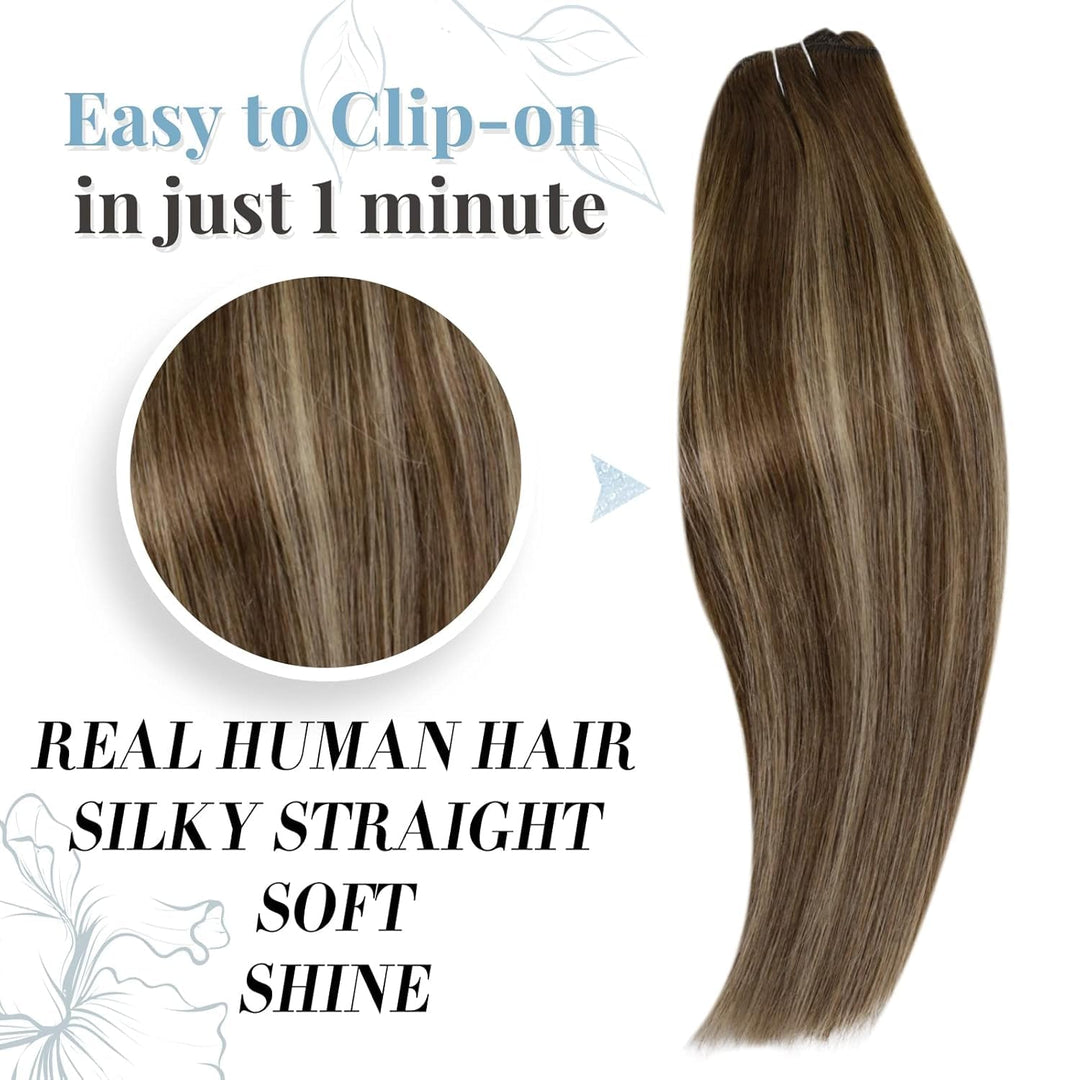 RUNATURE Echthaar Extensions Clip Braun Balayage 45cm 7pcs Clip in Extensions Echthaar Braun Balayag
