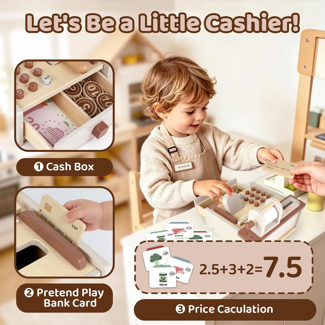 Airlab Kaufladen Zubehör Holz Kasse Spielzeug, Holzspielzeug Kasse Kinder, Kinderkasse mit Scanner S