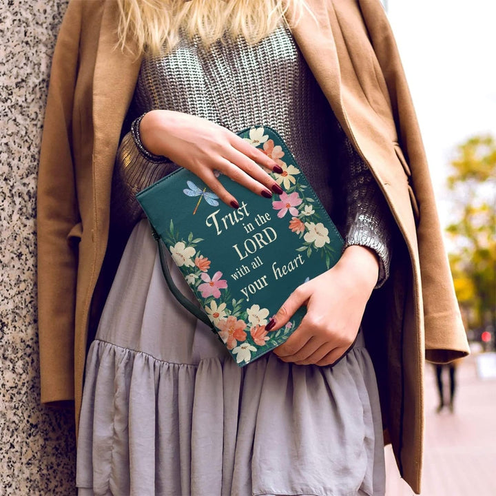 Kuiaobaty Lord Quotes Print Bibelhülle mit Griff, Blumen Libelle Kunstleder Buchhülle mit Reissversc