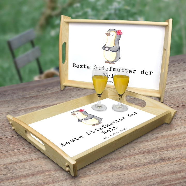 Mr. & Mrs. Panda Serviertablett Stiefmutter - Geschenk, Frühstückstablett, Dekotablett, Danke, Holzt
