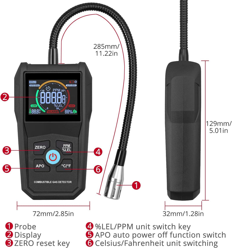 XUNTOP Erdgas Gasmelder Tragbarer Gasleckdetektor Mit Farb-LCD-Display, Akustischer und Visueller Al