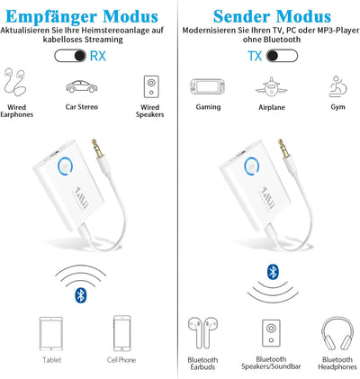 1Mii Bluetooth 5.3 Adapter für TV, 2-in-1-Bluetooth Sender Empfänger, aptX-Adaptive & HD Kabellos Au