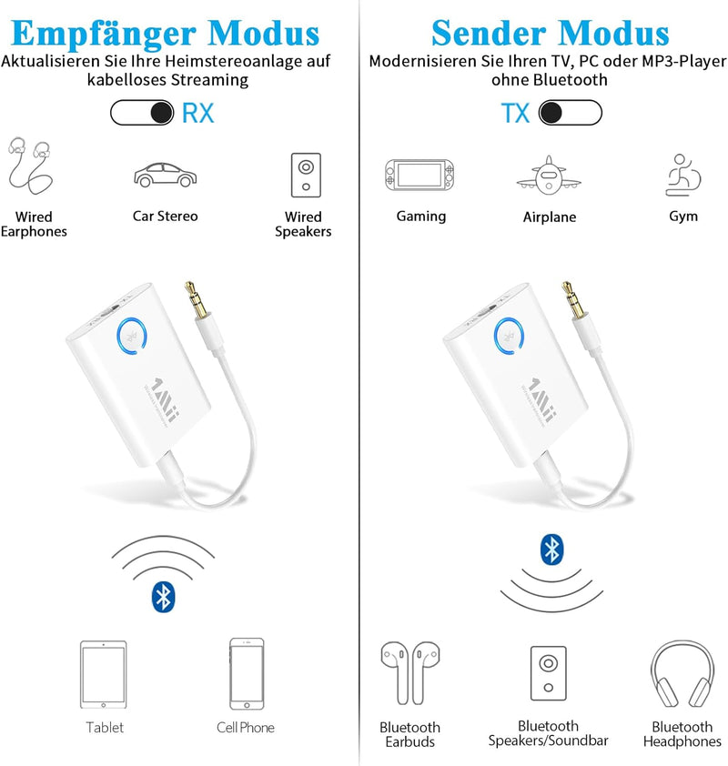 1Mii Bluetooth 5.3 Adapter für TV, 2-in-1-Bluetooth Sender Empfänger, aptX-Adaptive & HD Kabellos Au