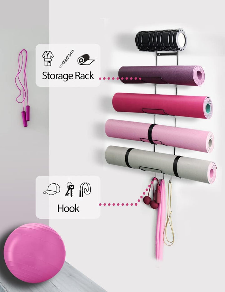 Yogamattenhalter mit 5 Ebenen, Wandhalterung, Metall-Aufbewahrungsregal für Yogamatten/Räder, Schaum
