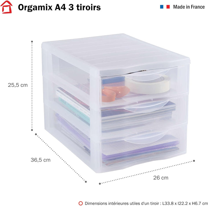 SUNDIS Orgamix, 2er-set schubladenboxen aus Kunststoff, 3 transparente Schubladen für A4-Papier, Höh