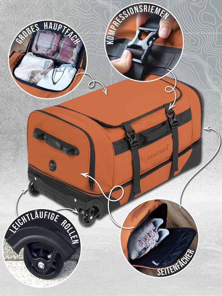normani XXL Reisetasche 100-120 Liter 2-Rad Trolley gross Weichgepäck Travel Bag mit Rollen und 8 Fä