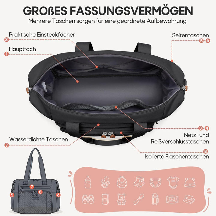 RAINSMORE Wickeltasche Kinderwagen mit Wickelunterlage und Schnullertasche Schwarz, Schwarz