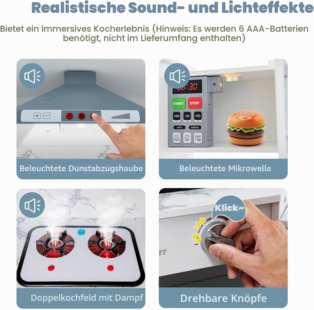 HOMASIS Eck Kinderküche Holz, Spielküche mit Licht, Sound &amp; Dampf, inkl. 16 Zubehör, Spielzeugküche