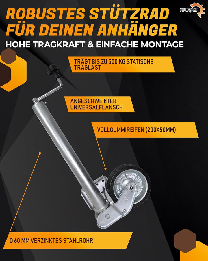 The Drive | Anhänger Stützrad 500KG | vollautomatik | Ø 60mm Rohr mit Anbauflansch | XL-Rohr 560mm |