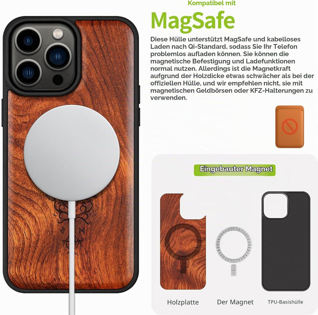 Carveit Holz Cover für iPhone 15 Pro Max hülle, Kompatibel mit Magsafe Silikon Stossfeste Cover, Mag