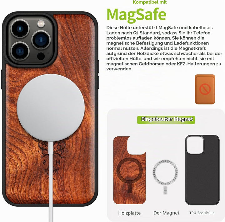 Carveit Holz Cover für iPhone 15 Pro Max hülle, Kompatibel mit Magsafe Silikon Stossfeste Cover, Mag
