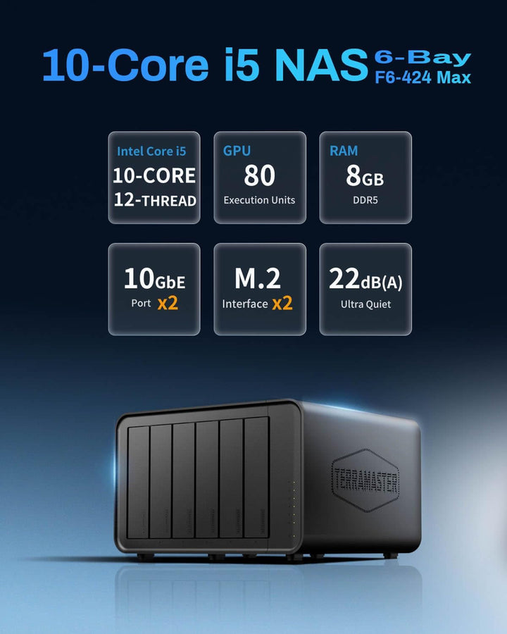 TERRAMASTER F6-424 Max NAS Storage - 6Bay Core i5 1235U 10 Kerne 12 Threads, 8GB DDR5 RAM, 10GbE Por