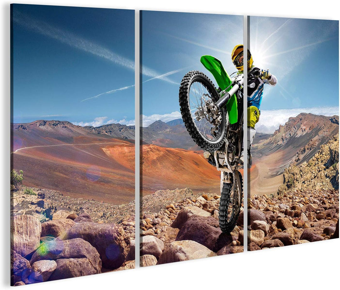 islandburner, Bild auf Leinwand Professioneller Dirt-Bike-Fahrer, der auf Vulkan rollt. Wandbild Pos