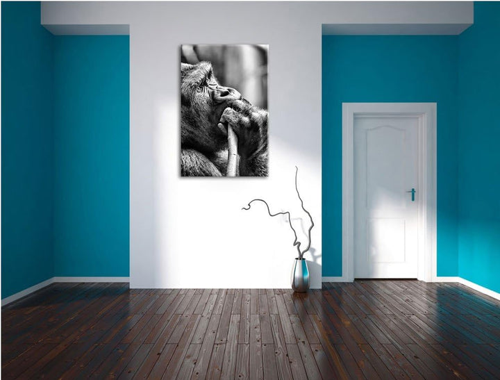 Monocrome, Gorilla isst, Format: 100x70 auf Leinwand, XXL riesige Bilder fertig gerahmt mit Keilrahm