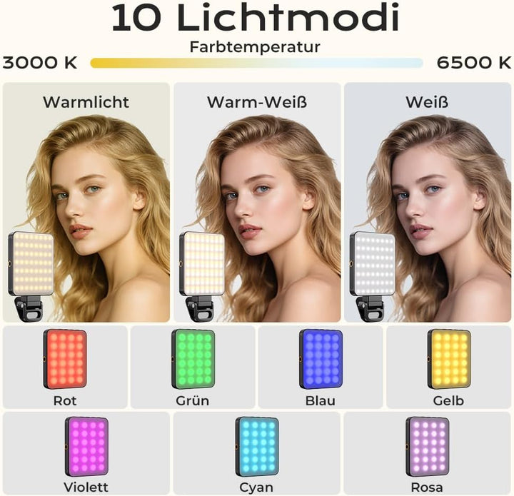 OUSFOT Selfie Licht 128LED 3000K-6500K Handy Licht RGB-Modus 8 Farben mit Einstellbarer Helligkeit,