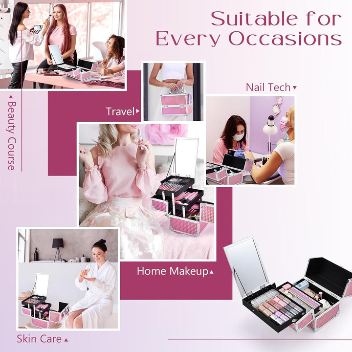 Kosmetikkoffer Schminkkoffer Leer Make up Koffer mit Spiegel Abschliessbare Beauty Case Nagelkoffer