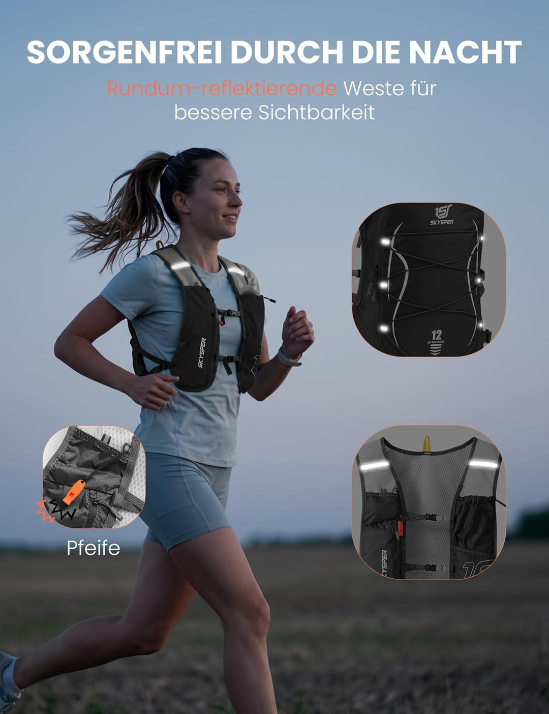 SKYSPER Laufweste für Damen Herren 12L Laufrucksack mit 500ml Trinkflasche Reflektierende Trinkweste
