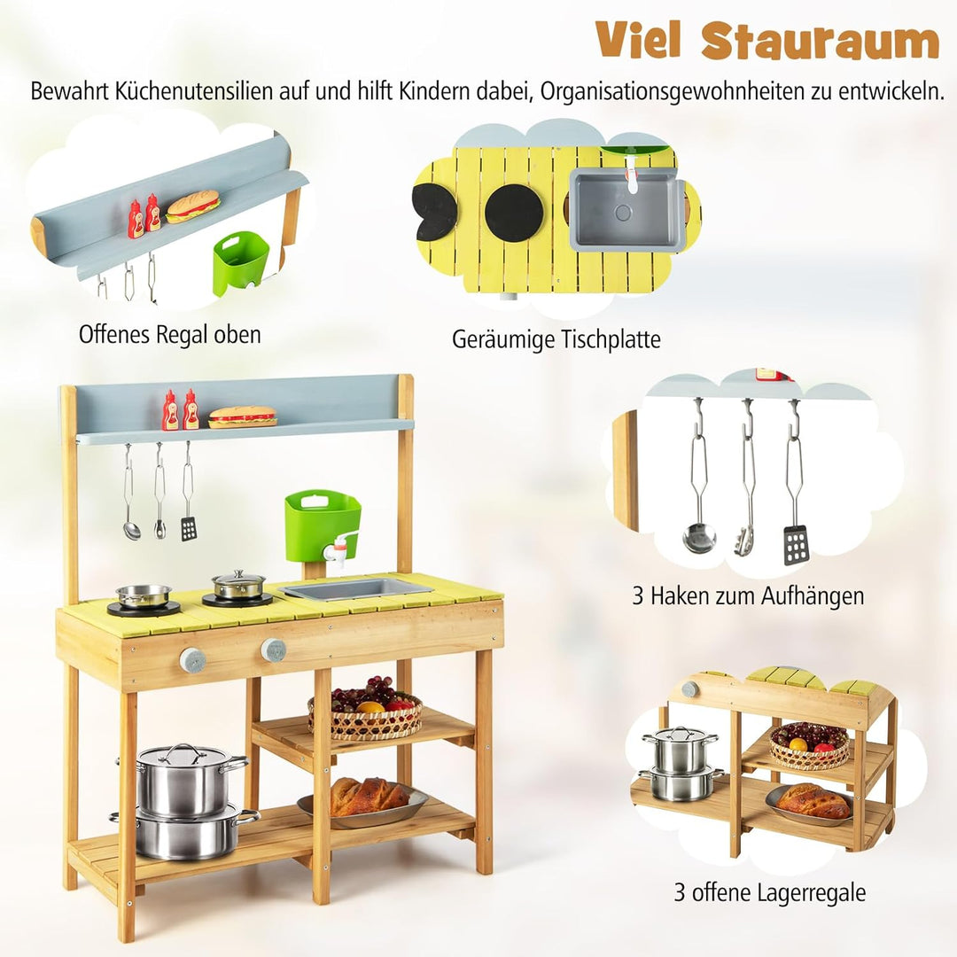 COSTWAY Matschküche Outdoor, Kinderküche Holz mit Wasserfunktion, Spielküche mit Haken & Abnehmbarem