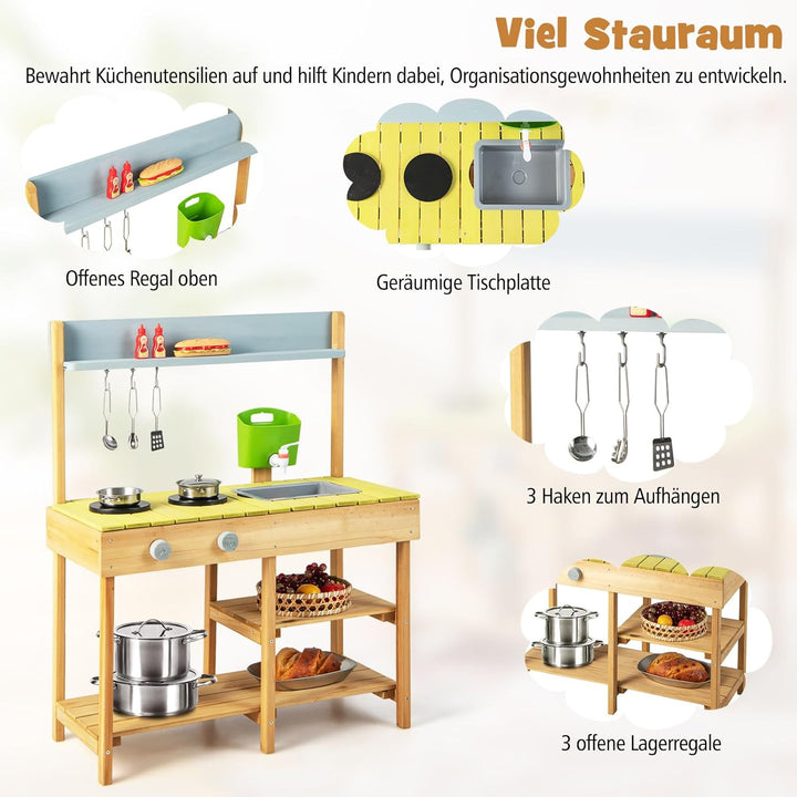 COSTWAY Matschküche Outdoor, Kinderküche Holz mit Wasserfunktion, Spielküche mit Haken & Abnehmbarem