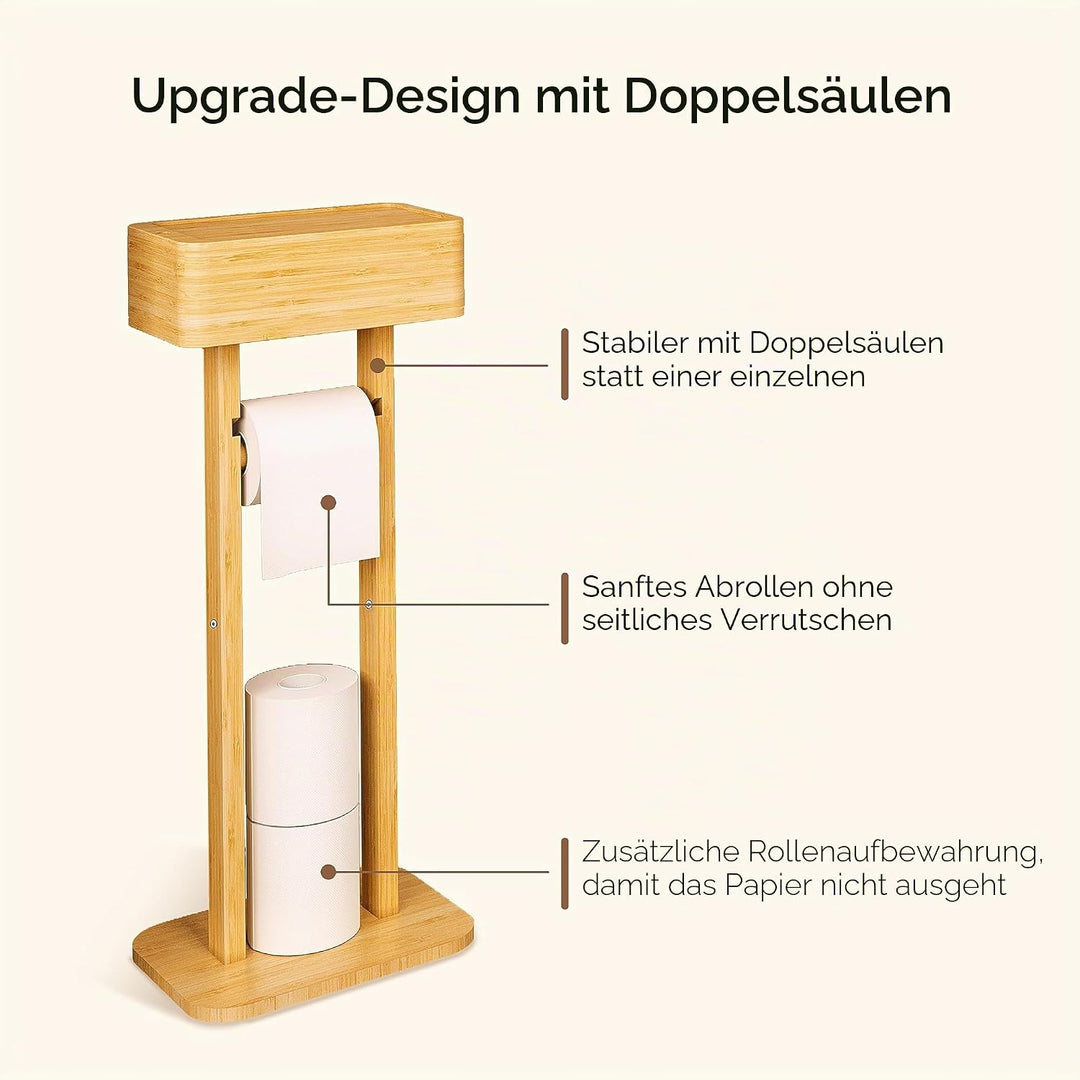Wealone 4-in-1 Freistehender Toilettenpapierhalter mit Oberem Ablagefach, Bambus Klopapierhalter Ste