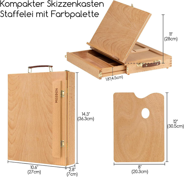 MEEDEN Tischstaffelei Box aus Holz, Portable Sketchbox aus Buchenholz mit Aufbewahrung, Verstellbare
