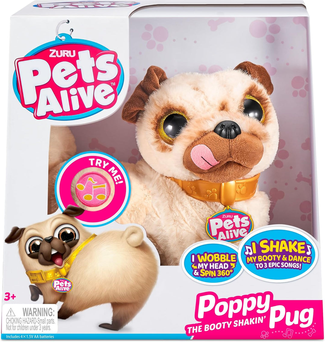 Pets Alive 9521 Poppy The Booty Shakin Pug, Plüsch-Mops, wackelt mit dem Kopf und Po und dreht Sich,
