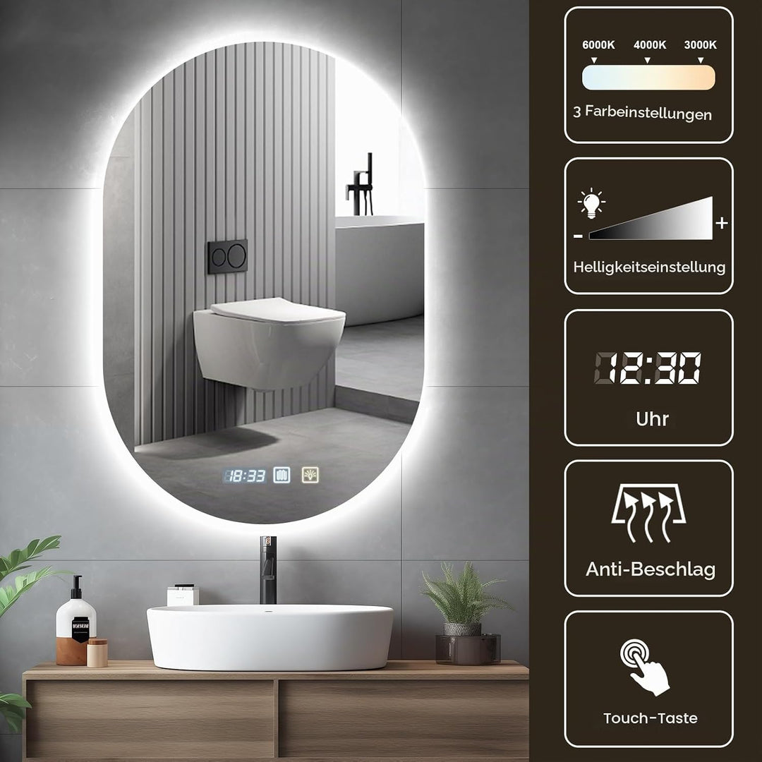 Oval LED Badezimmerspiegel,Spiegel mit Beleuchtung Bad 50x75cm, Badspiegel mit Beleuchtung mit Touch