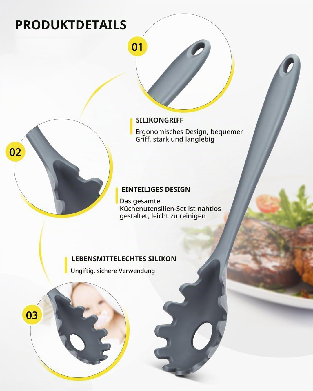 3 Stück Silikon-Küchenutensilien-Set, Suppenkelle-Nudelgabel-Schlitzlöffel, Antihaft-BPA-frei, Hochh