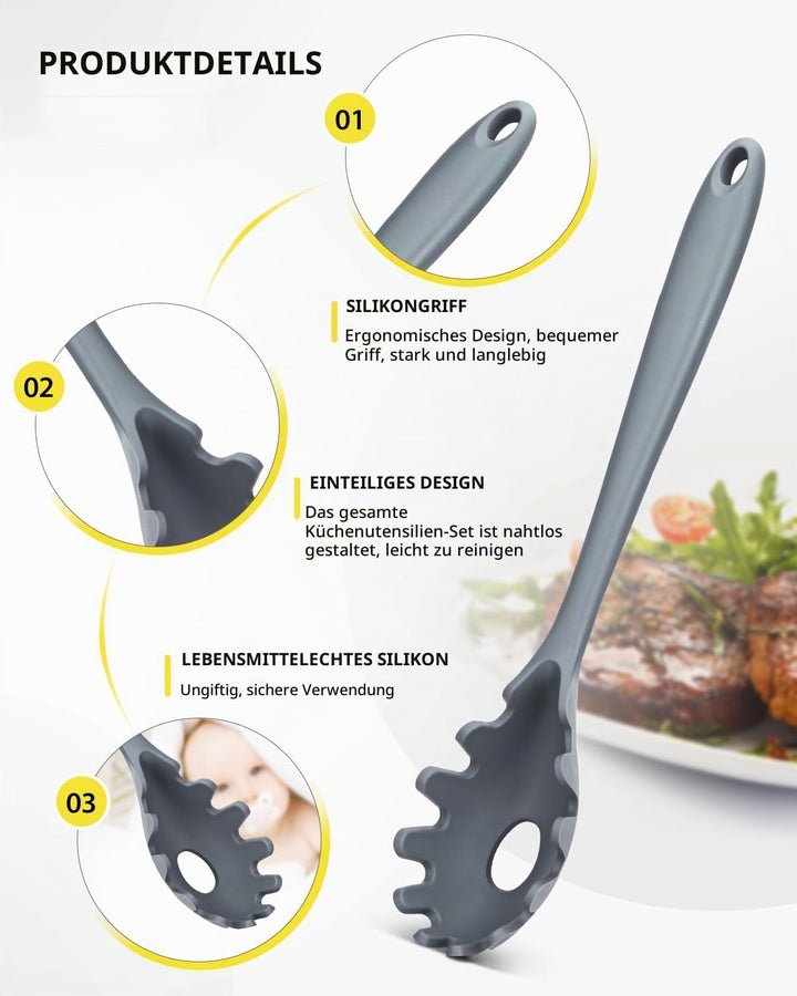 3 Stück Silikon-Küchenutensilien-Set, Suppenkelle-Nudelgabel-Schlitzlöffel, Antihaft-BPA-frei, Hochh