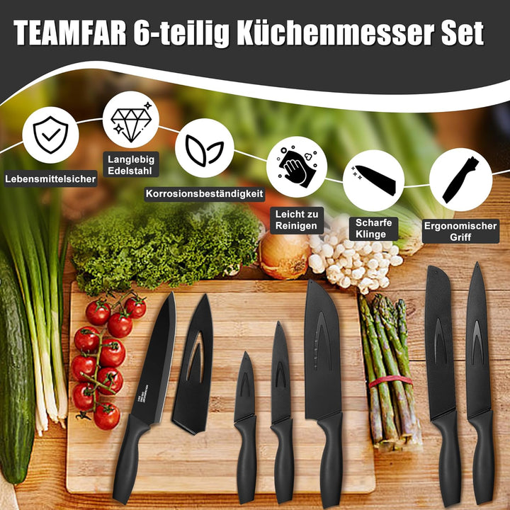 TEAMFAR Küchenmesser 6-teilig, Edelstahl Messerset mit Schutzhülle, Scharfe Messer Set mit Kochmesse