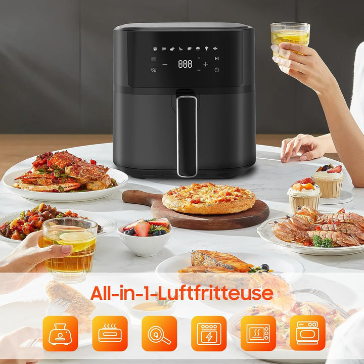 Dewelling Heissluftfritteuse 6,5L XL Airfryer, Leise Friteuse ohne Öl mit 8 Programmen, Touchscreen,