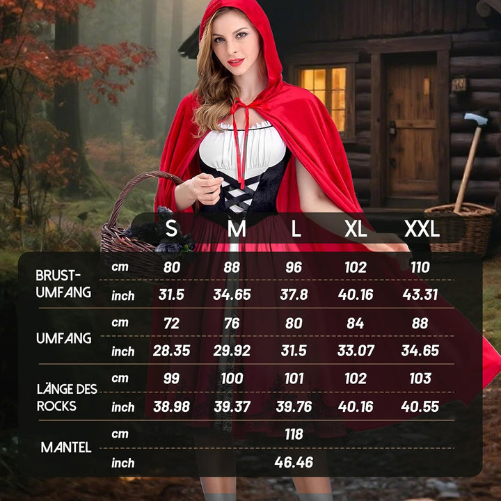 BuzzoXerex Rotkäppchen Kostüm für Damen, Rotkäppchen Kleid und Umhang mit Kapuze Halloween, Prinzess