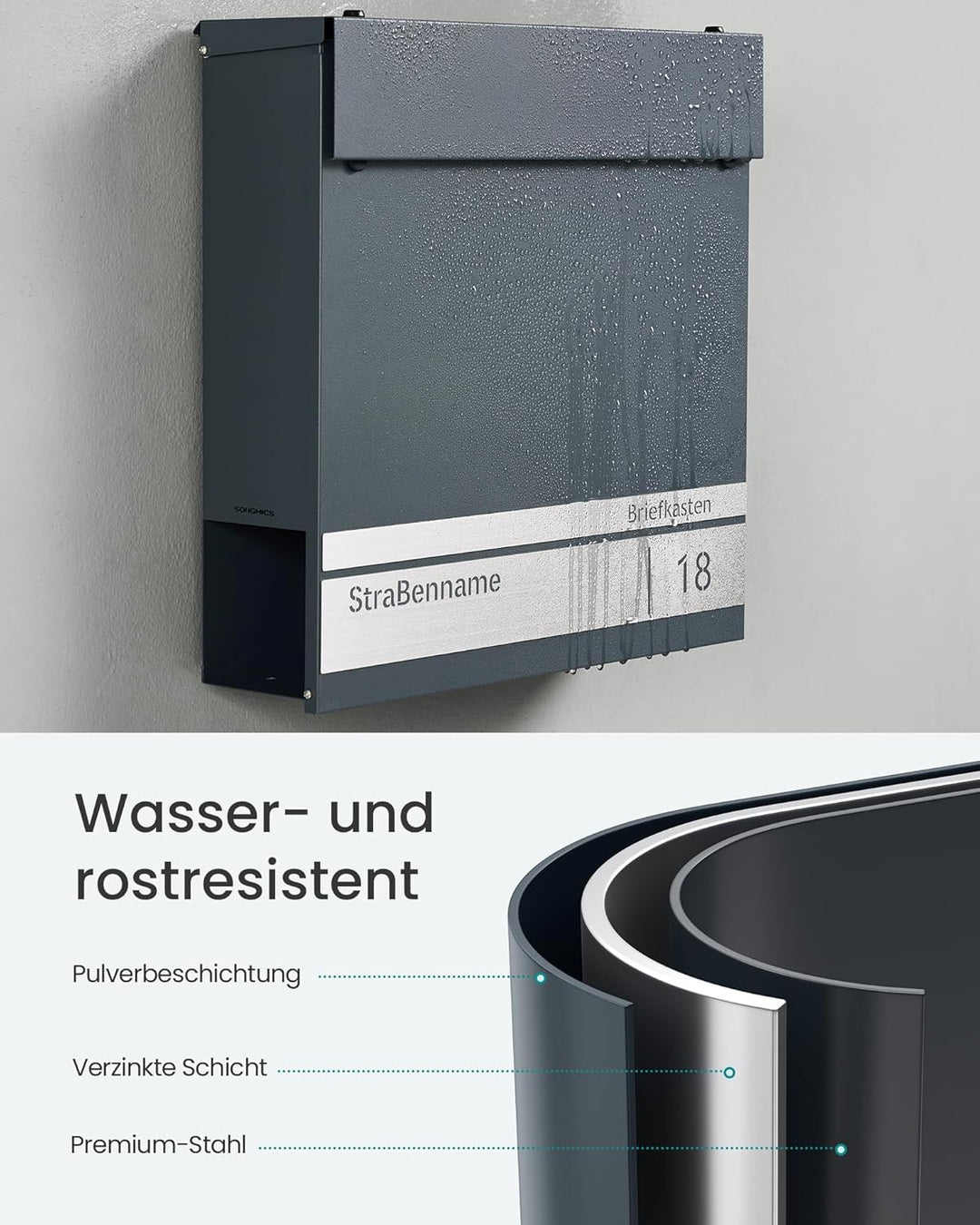 SONGMICS Briefkasten personalisiert, lasergraviertes Namensschild und Hausnummernschild, Postkasten,