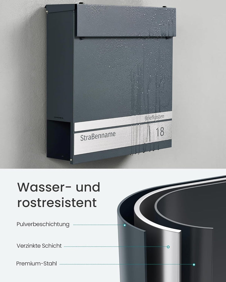 SONGMICS Briefkasten personalisiert, lasergraviertes Namensschild und Hausnummernschild, Postkasten,