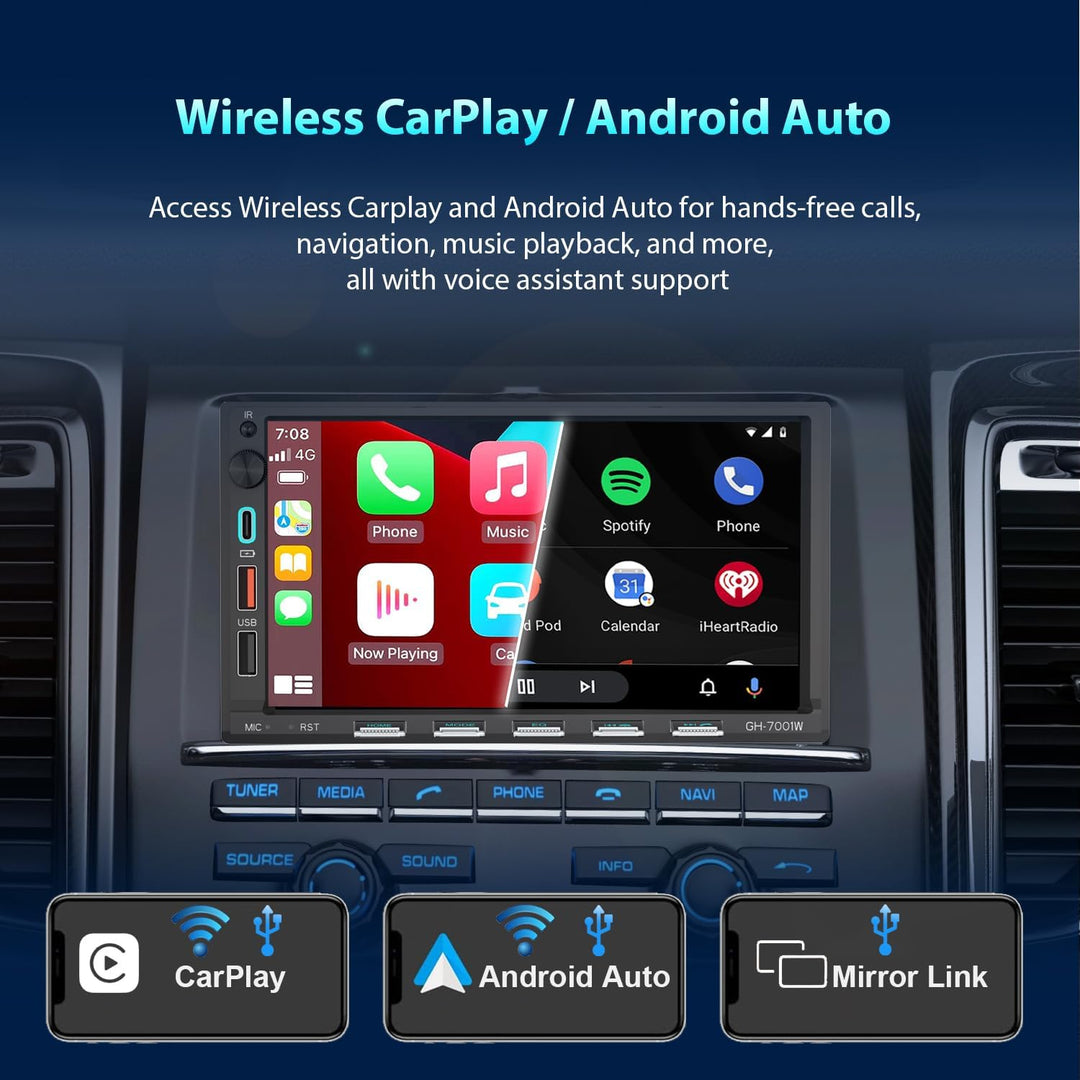 Autoradio Bluetooth 2Din mit Bildschirm(7"), Kompatibel mit [Wireless] Apple CarPlay/Android Auto Ty