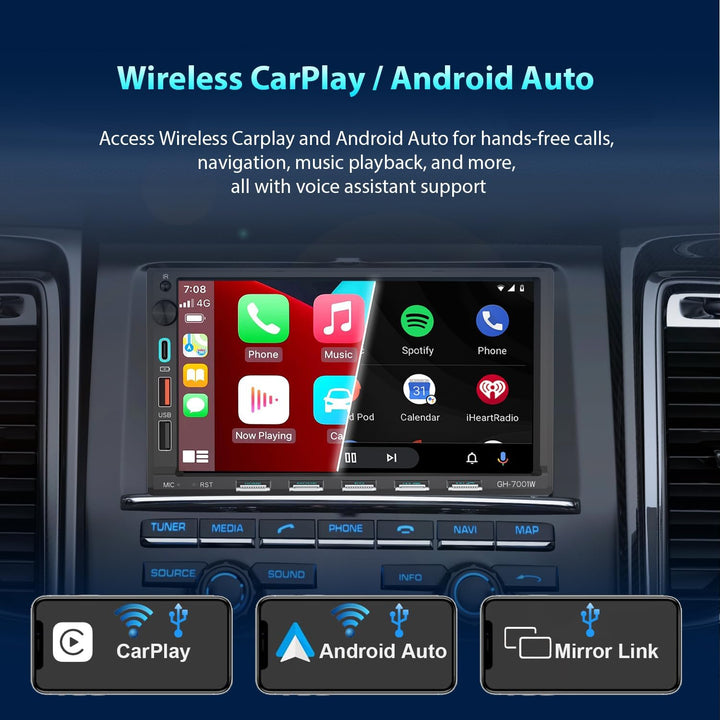 Autoradio Bluetooth 2Din mit Bildschirm(7"), Kompatibel mit [Wireless] Apple CarPlay/Android Auto Ty