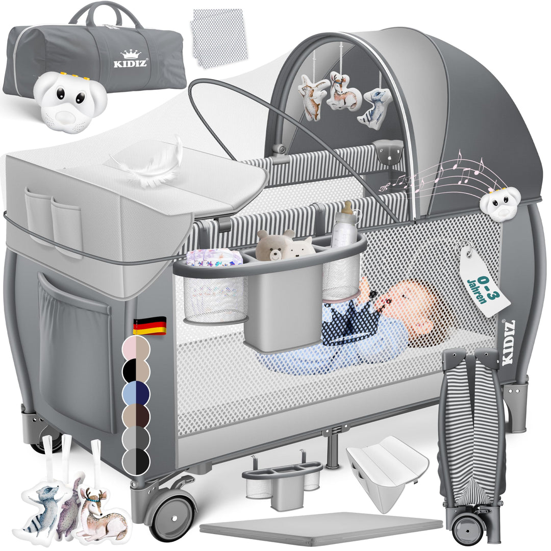Kidiz® Babybett Reisebett Kinderreisebett klappbar mit Matratze & Räder 120x60, Seiteneingang, Wicke